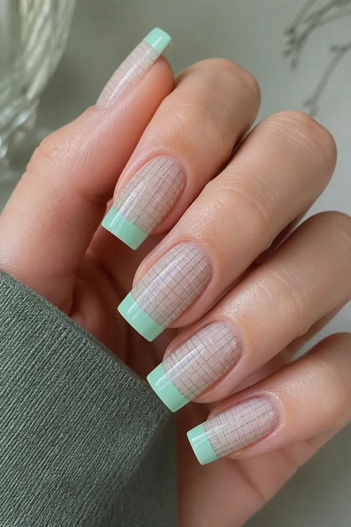 Long square nails with a sheer mint base and a mint French tip. Over the base area, thin black lines form a subtle grid pattern, with some squares near the center. Glossy, clean edges.