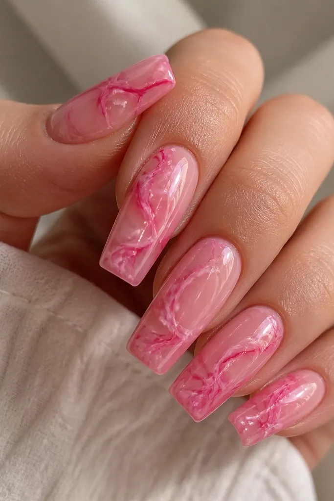 Long square nails with a hot pink marble pattern over a sheer base. Wispy lighter pink and small white flecks run through the marble. The top looks extra glossy like a clear jelly layer.