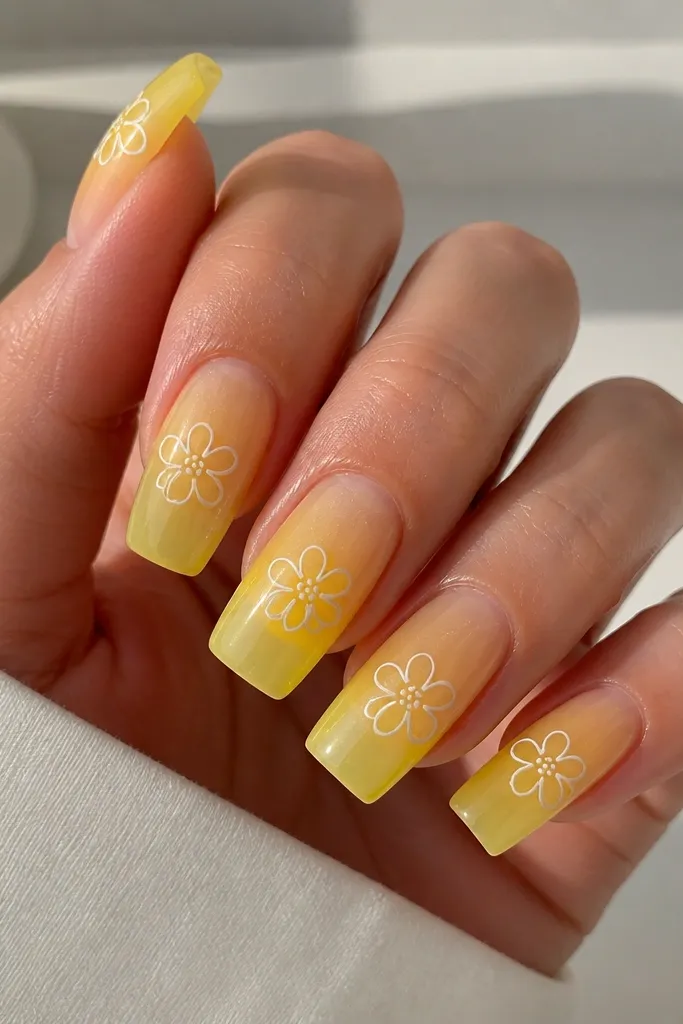 Long square nails with a translucent lemon yellow jelly base. Simple white outline flowers sit near the center of each nail, with tiny dot petals and a small circle in the middle. Glossy, bright, and clean.