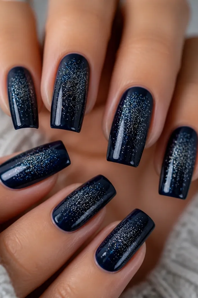 Long square nails painted in deep midnight navy. Over the nails, scattered tiny specks of silver chrome dust sit like stars, densest near the center and lighter toward the sides. Glossy top coat with a subtle sparkle.