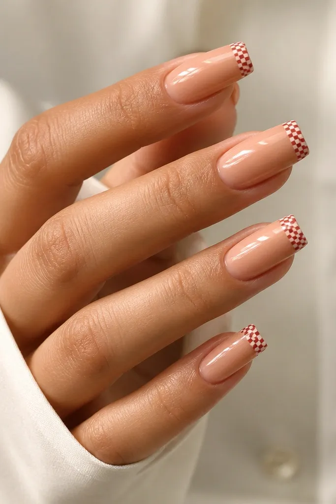 Long square nails with a peachy nude base. At the very tip, a micro checkered pattern appears in red and white in tiny squares, spanning the free edge. The cuticle is clean and glossy.