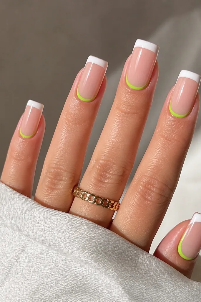 Long square nails with a sheer pink nude base. A crisp white French tip runs straight across the top edge. Around the cuticle area, a lime green jelly halo forms a thin curved ring, leaving clear negative space between halo and cuticle line. Glossy finish.