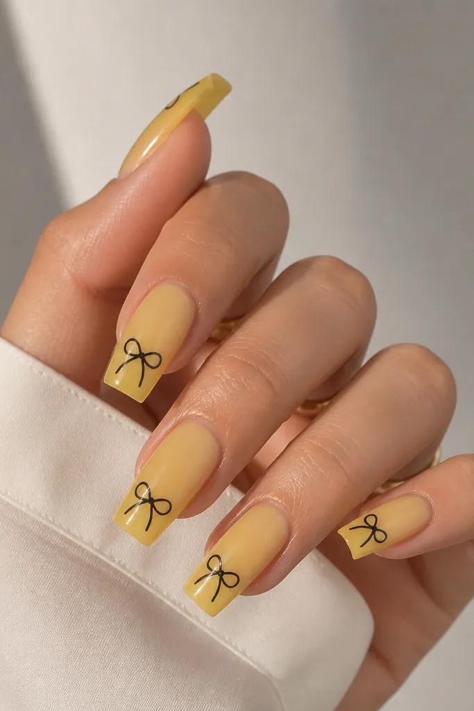 Long square nails with a translucent pineapple yellow base. At the tip, each nail has a small black bow outline drawn like a ribbon, with two loop lines and a tiny center knot. Glossy finish, clean negative space around the bow.