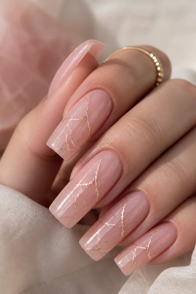Long square nails with a soft rose quartz pink base. Over it, thin gold chrome crackle lines run diagonally like fractured glass. The surface is glossy, crack lines are fine and metallic.