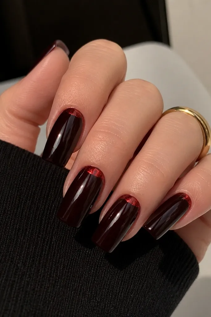 Long square nails with a deep black cherry glossy base. At the cuticle area, a red foil half-crescent sits like a metallic crescent frame. The rest of the nail is solid black cherry with no extra art.