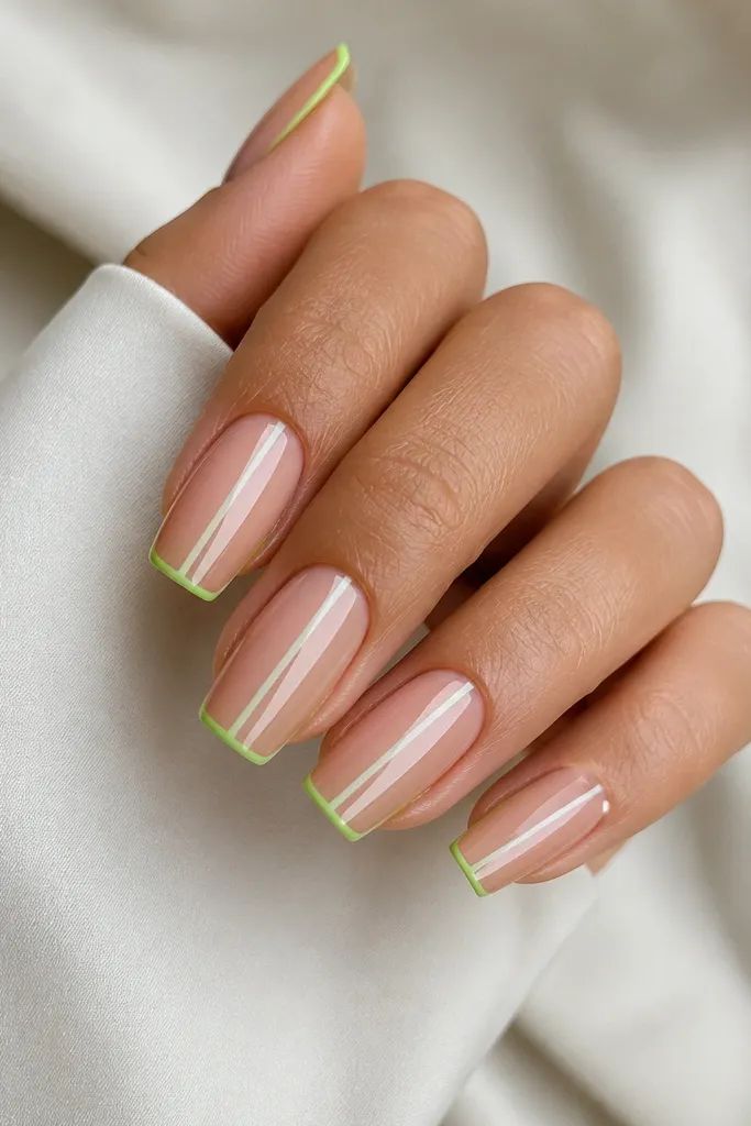 Long square nails with a sheer nude base. A micro lime green French line sits at the tip. Down the center of each nail, there's a clear vertical stripe that runs from near the cuticle to the tip, bordered by the nude base. Glossy finish.