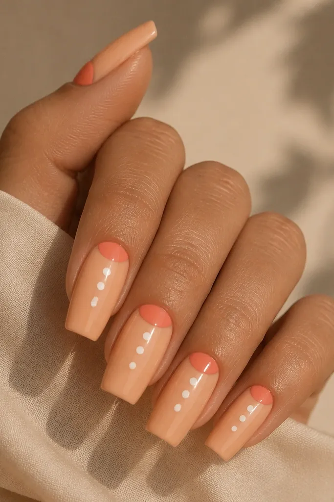 Long square nails in peachy nude. At the cuticle, a coral half-moon sits across each nail. Three tiny white dots sit in a vertical line from mid-nail toward the tip. Glossy finish, clean and simple.
