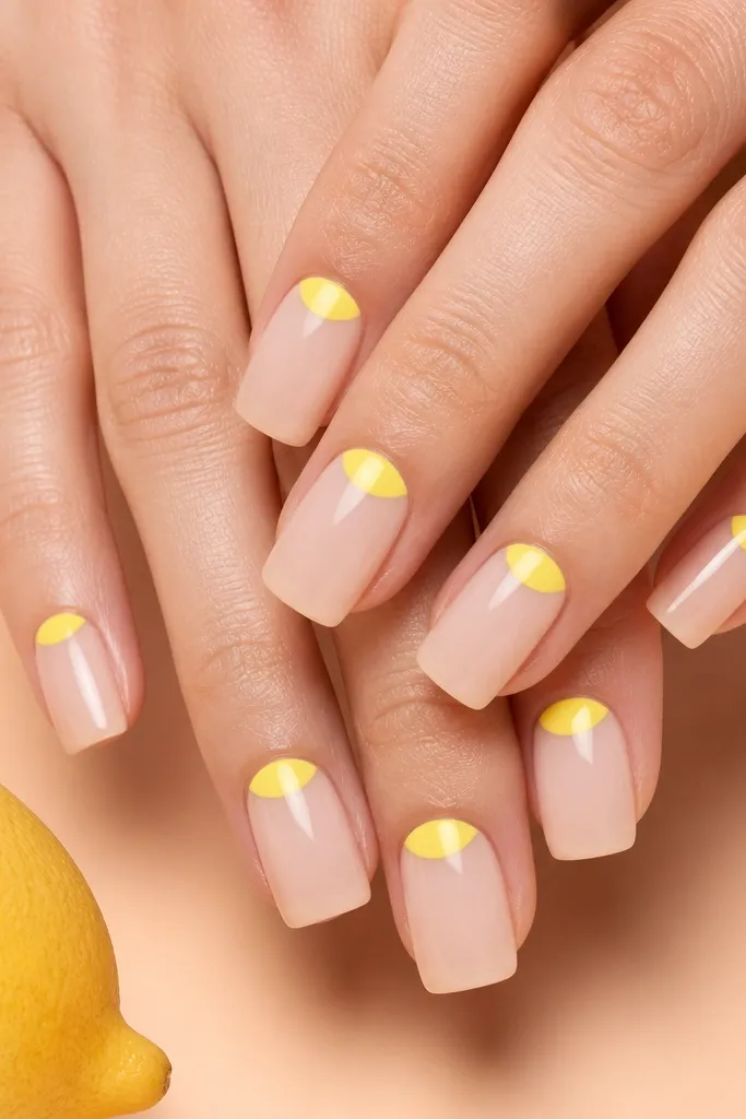 On a light peach background, square acrylic nails show a bright lemon-yellow half-moon near the cuticle with the rest of the nail in sheer nude. The half-moons are crisp and slightly curved, with a glossy top coat.