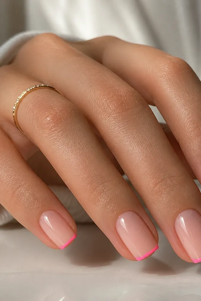 Square nails with a clear nude base. A super thin hot pink French line runs along the free edge, and the corners are slightly rounded. The nails have a mirror-like glossy finish.