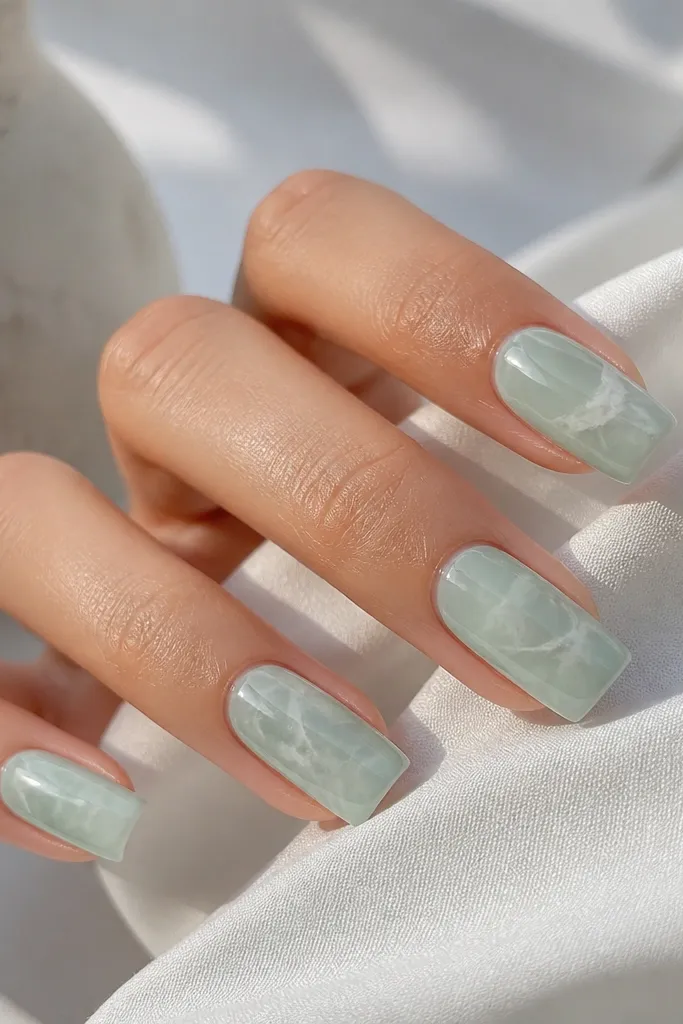 Square nails with a translucent seafoam base. Thin white veining runs diagonally across each nail like marble, and the surface is glossy and slightly glassy.