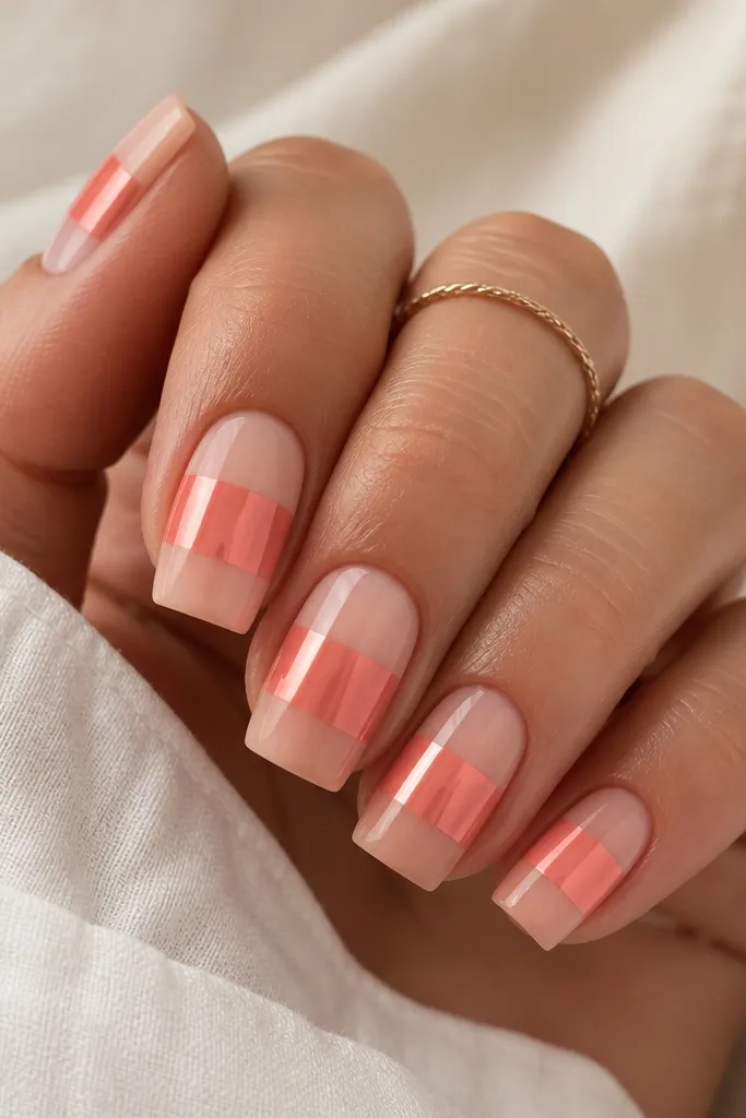 Square nails with a nude base. A thick coral chrome band sits across the middle of each nail, with a sharp straight edge on both sides. The chrome reflects light with a metallic sheen.