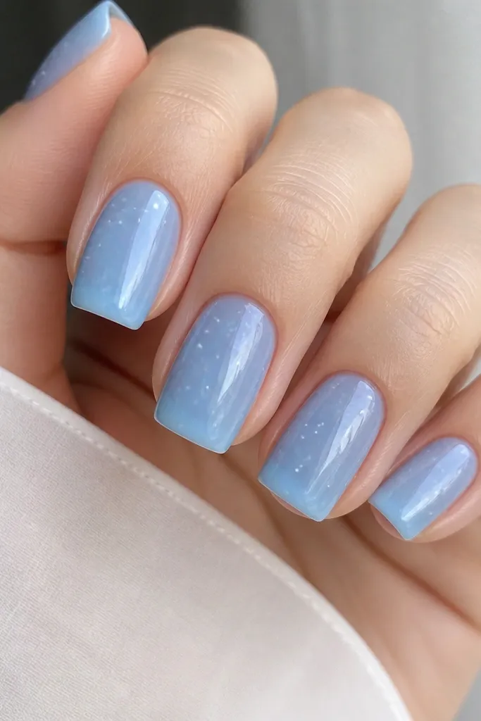 Square nails coated in translucent sky-blue jelly polish. Several small white dots appear like stars, scattered across each nail, with glossy shine and no heavy art.