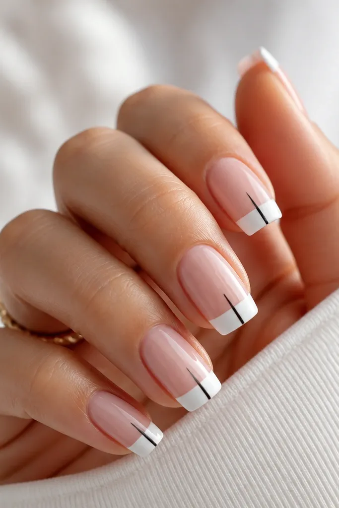 Square nails with a sheer nude base. A clean white French tip covers the free edge, and a single thin black pinstripe runs down the center of each tip. Glossy top coat makes it look sharp.