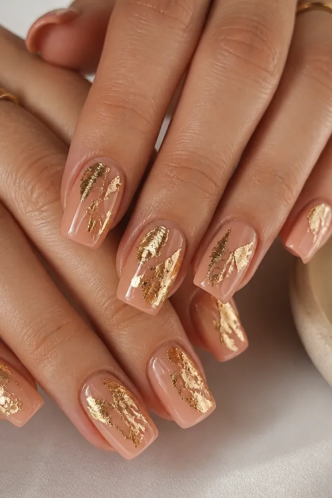 Square nails in peachy nude. Gold foil pieces sit like cracked glaze across the surface, mostly near the center and cuticle. The nails are glossy with a slightly reflective gold texture.