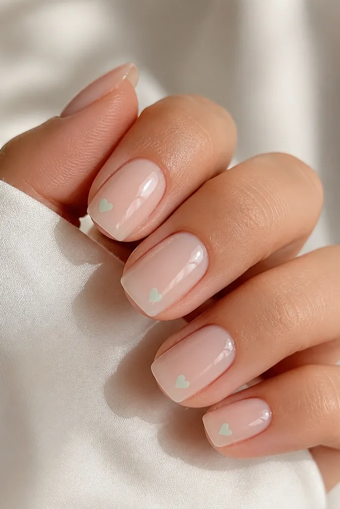 Square nails with a clear nude base. Tiny mint green hearts sit near the side of each nail, spaced evenly. The nails are glossy and clean with no heavy color blocks.