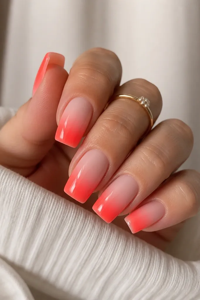 Square nails with a nude base fading into neon coral at the tips. The ombre line is smooth and controlled, with glossy top coat and no harsh streaks.