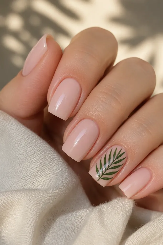 Square nails in a soft nude pink. Four nails are plain glossy nude, and one accent nail has a small palm leaf in deep green with a few lighter green lines near the center. The accent is crisp and not crowded.
