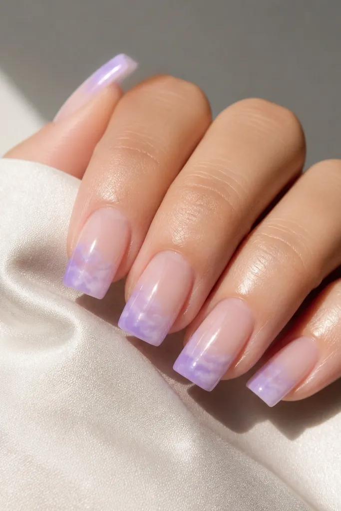 Square nails with a clear or very sheer cuticle area. The tips are coated in lilac with a cloud-like, airy edge. The surface is glossy and smooth.