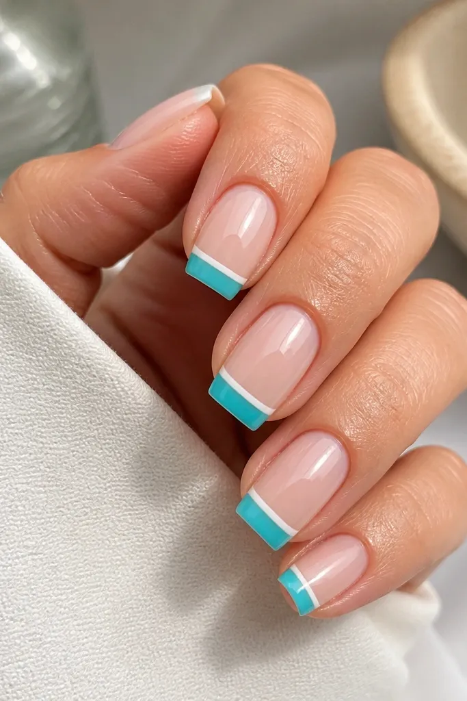 Square nails with a sheer nude base. Near the free edge, a turquoise band runs horizontally, and a thin white line sits just above it. The nails are glossy and clean.