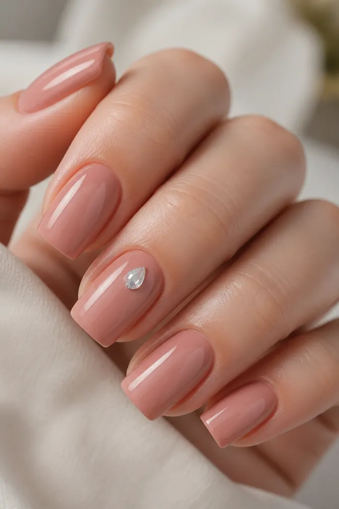 Square nails in a rose nude glossy finish. One nail has a single teardrop rhinestone placed near the center of the nail bed, catching light. Other nails are plain with high shine.
