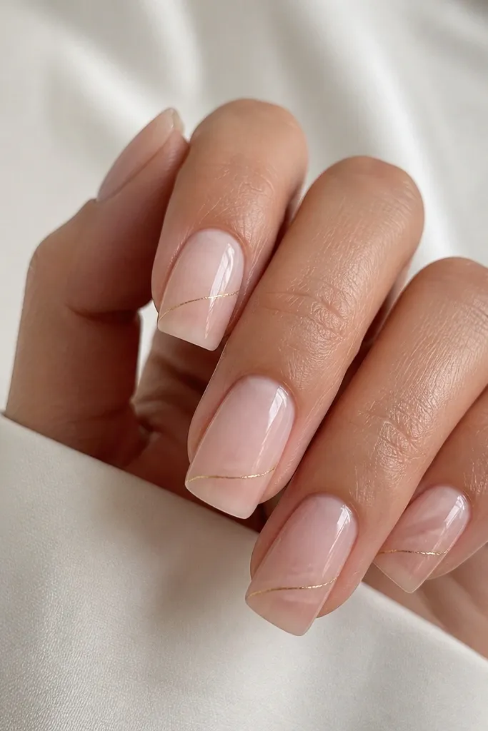 Square nails in a sheer barely-there pink. Thin gold linework runs diagonally across each nail like thread, with two or three short segments. Everything is glossy and clean.