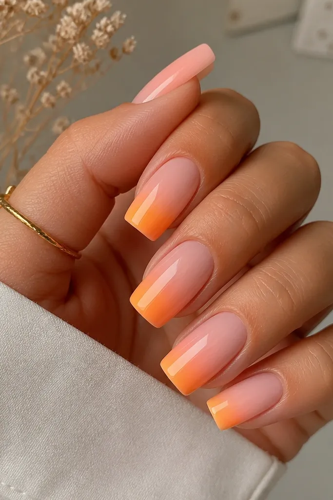 Square nails with a sheer nude base. The tips fade from orange at the bottom to peach in the middle to pink at the top, forming a smooth sunset gradient. Glossy finish throughout.