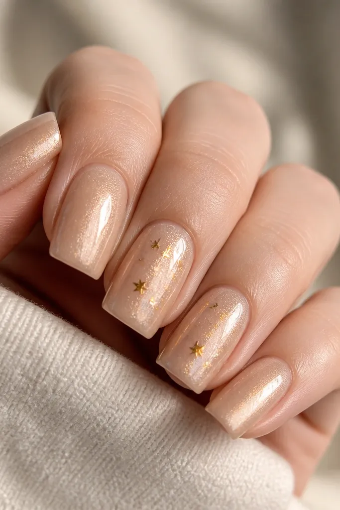 Square nails coated in champagne nude shimmer. Tiny gold star confetti pieces are scattered lightly across two nails, with glossy top coat on all nails.
