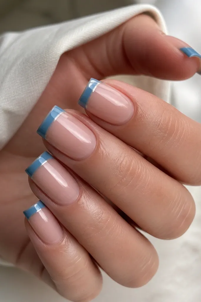 Square nails with a sheer nude base. A tidal blue French tip is outlined with a thin clear gap between blue and nude, creating a crisp border. The nails are glossy and sharp.