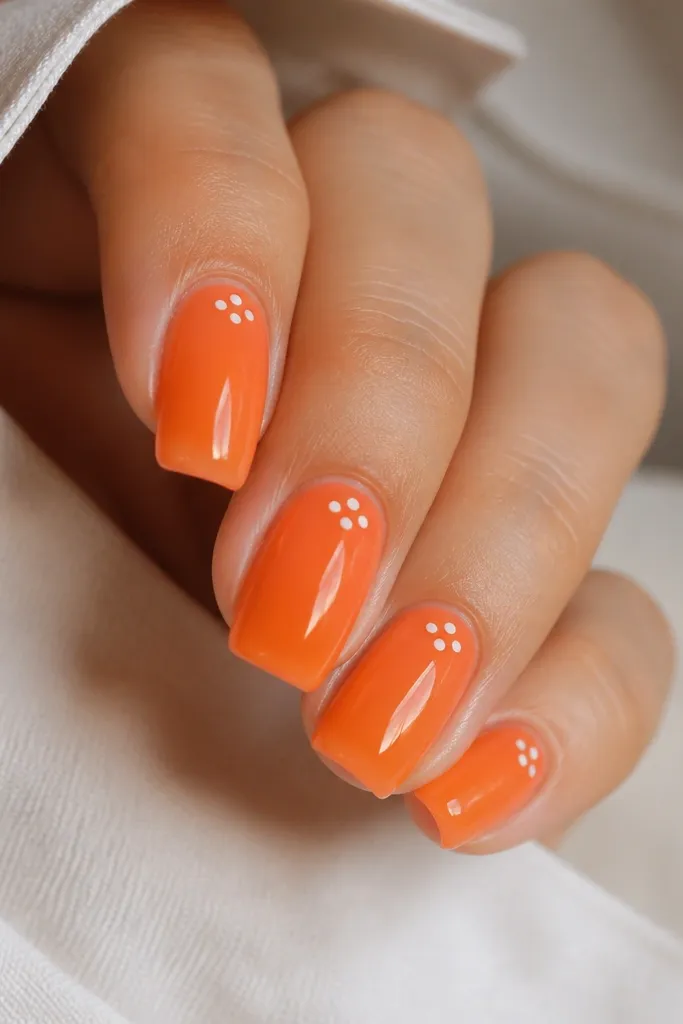 Four square nails with a glossy tangerine jelly orange base; tiny white dots sit in a loose cluster near the cuticle on each nail.