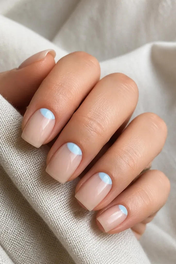 Square nails with nude sheer bases; a sky-blue half-moon sits at each cuticle edge, with the rest of the nail bare and glossy.