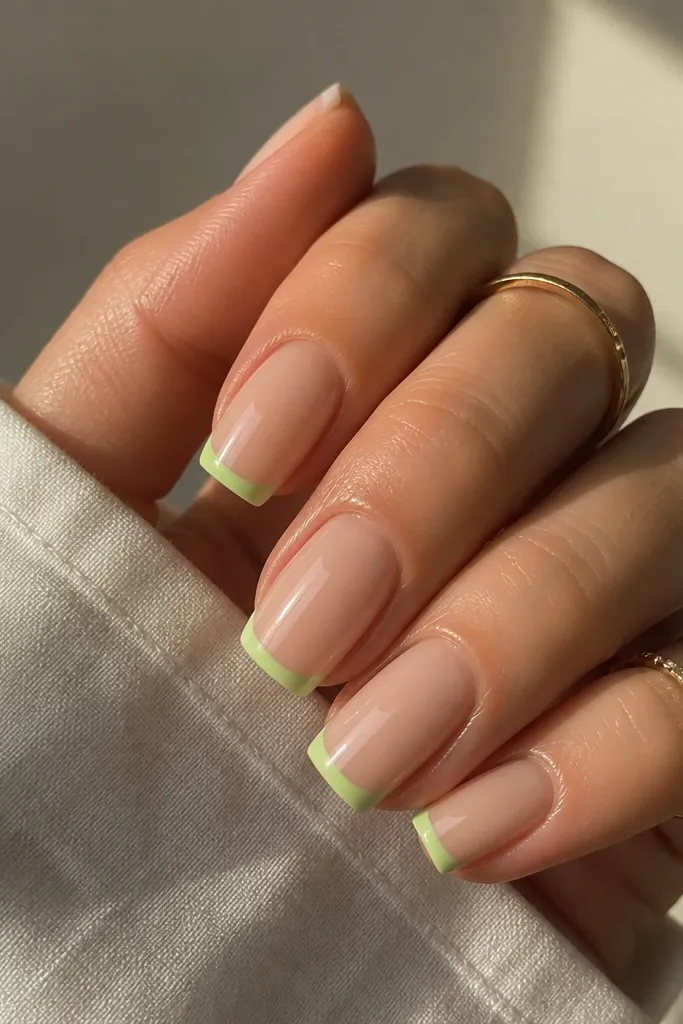 Square nails with a nude sheer center; a thin lime-green line runs across the free edge like a micro French, with glossy shine.