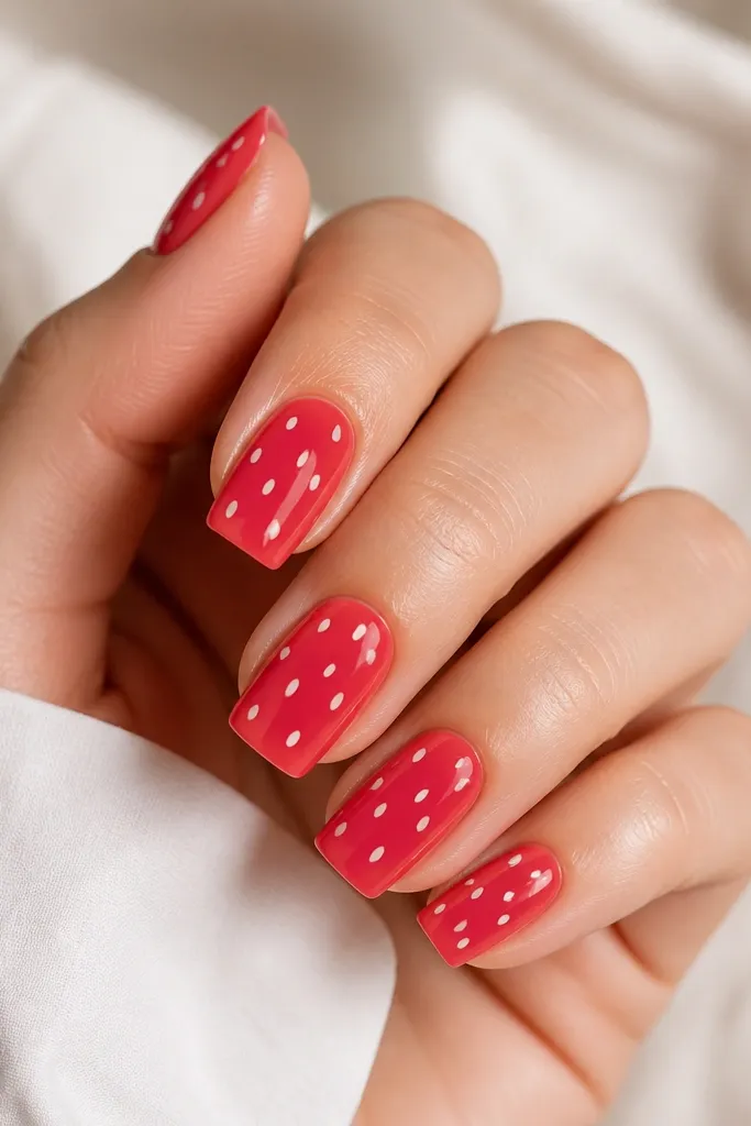 Square nails painted in a juicy watermelon pink-red base; small white seed shapes are scattered across the middle and top of each nail.