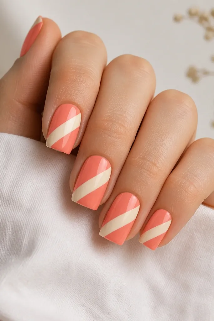 Square nails with a coral base; a cream diagonal ribbon runs from lower left to upper right on each nail, with crisp edges.