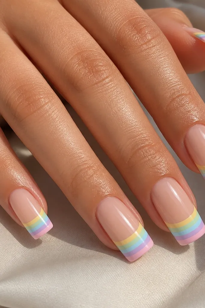 Square nails with a nude base; the free edge has five pastel rainbow bands: pale yellow, mint, light blue, lavender, and soft pink.