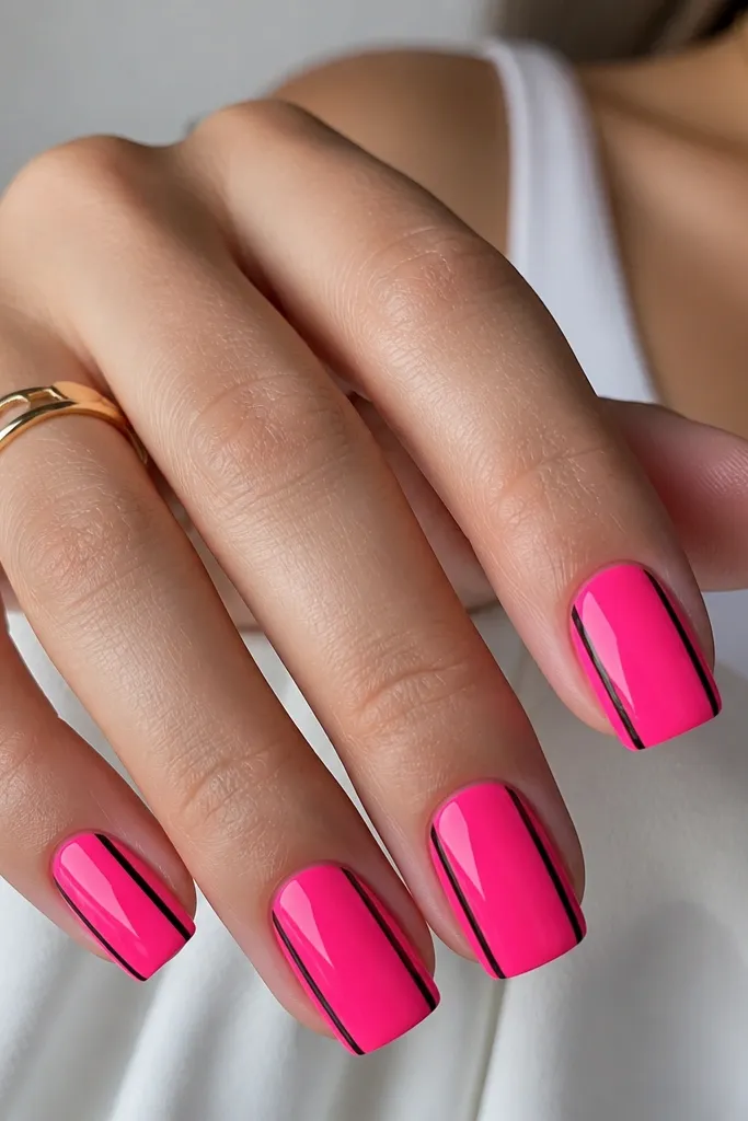 Square nails painted glossy neon pink; a thin black line runs down each side of the nail, leaving the center solid pink.