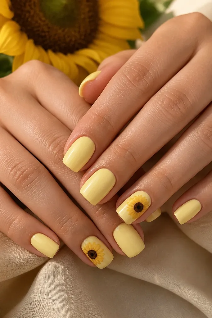 Square nails with butter yellow polish; one nail per hand has a small sunflower with yellow petals and a brown center, the rest glossy and simple.