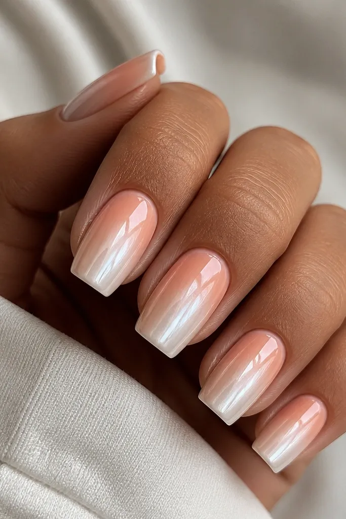 Square nails with pearl white chrome shine; a soft peach gradient starts at the cuticle and fades downward, all mirrored and glossy.