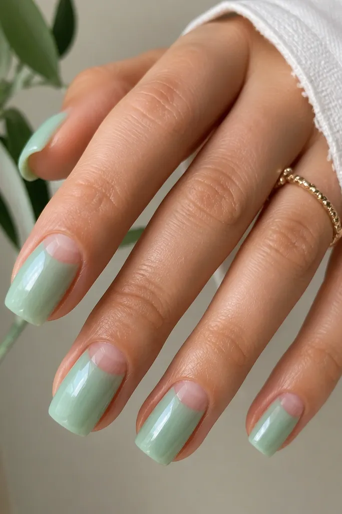 Square nails with mint green jelly color; clear half-moon shapes sit near the cuticle where no color is applied, giving negative space contrast.