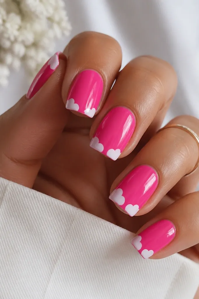 Square nails painted hot pink; the free edge has irregular white bite-mark shapes like tiny clouds, with clean glossy finish.