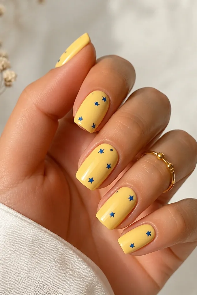 Square nails in bright yellow; scattered tiny blue star shapes appear near the cuticle and mid-nail, glossy and clean.