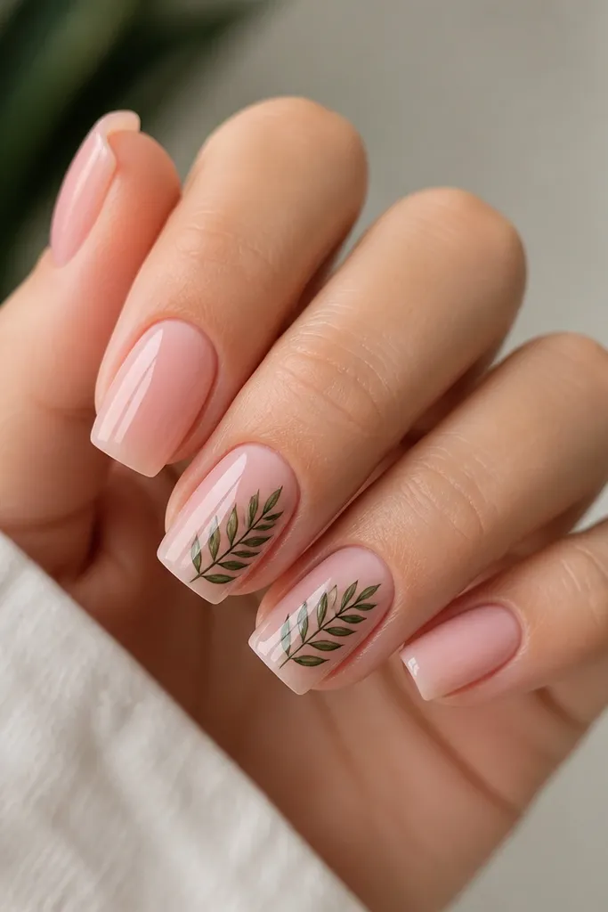 Square nails in glossy clear pink; one or two nails have green tropical leaf lines stamped or hand-painted near the center, with thin black veins.