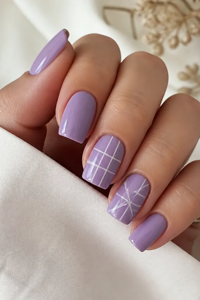 Square nails in lavender-purple; thin white outline lines create a geometric grid pattern on two nails, the rest solid glossy lavender.