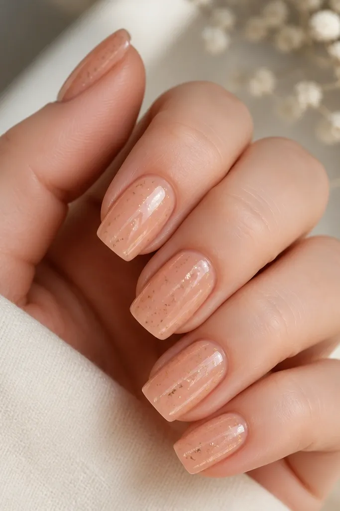 Square nails in peachy nude; small gold foil flecks are scattered across the nail face, glossy and slightly textured.