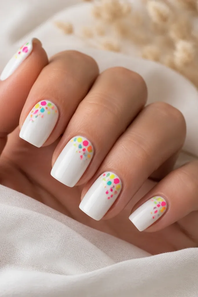 Square nails painted glossy white; each nail has tiny neon confetti shapes clustered in the upper corner near one side, like a party spill.