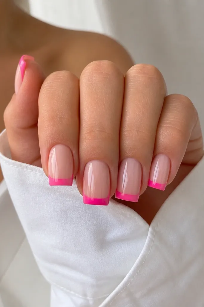 Square nails with a classic nude base; each nail has a hot pink tip but the thickness varies slightly, creating a skittle-tip gradient look.