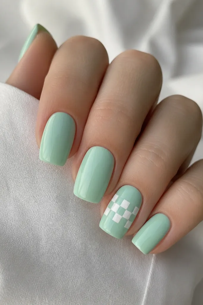 Square nails with mint base; one nail has a small white checkered panel across the center, with glossy finish.