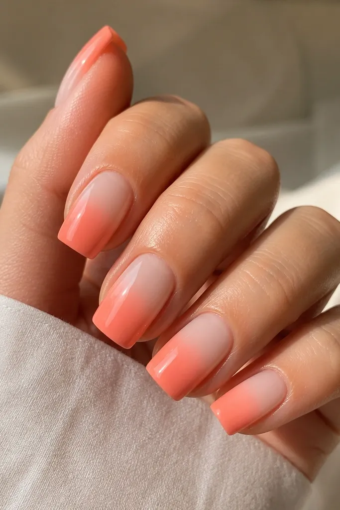 Square nails with a sunset ombre: coral at the tip fades into peach in the middle and nude near the cuticle, glossy.