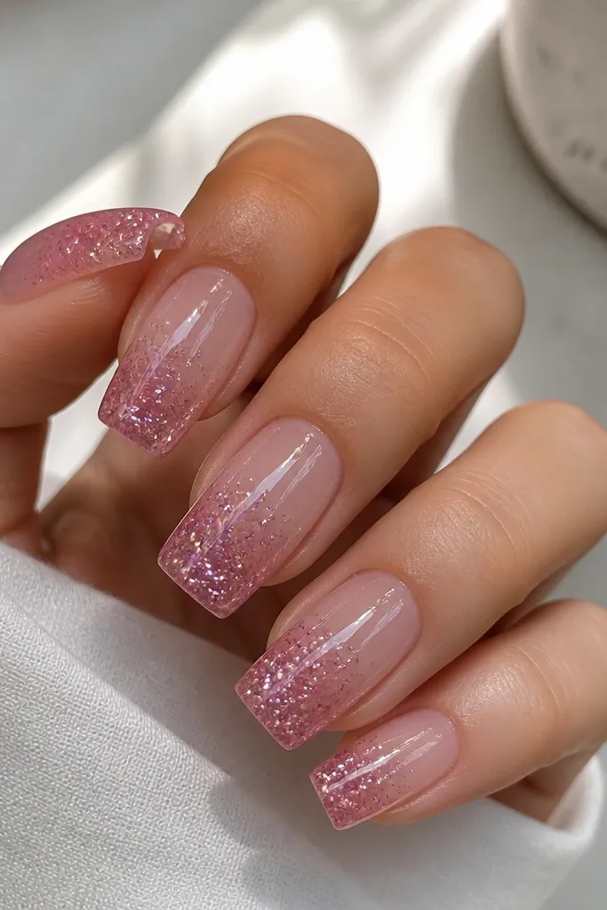 Square nails with clear jelly look; pink glitter fades upward from the tip toward mid-nail, glossy and sparkly.