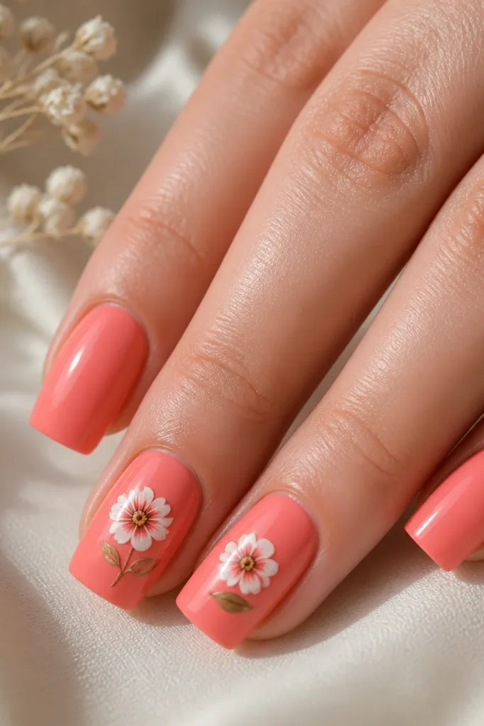 Square nails with coral-pink base; a flower sticker decal sits on two nails, and the edges are sealed with glossy gel.
