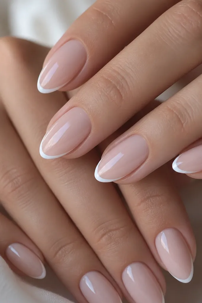 Close-up of almond nails in a milky pink base with a super-thin white French tip. The tips are narrow and slightly curved, and the cuticles are crisp and clean.